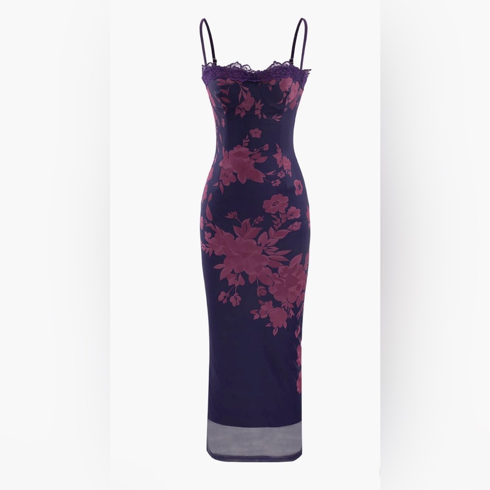MICAS Floral Print Lace Trim Slit Maxi Dress Size M (NEVER WORN)
